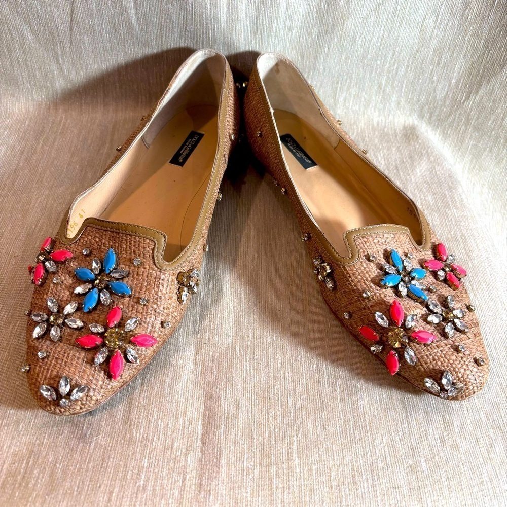 Dolce & Gabbana Sz 41 Straw Jewelled Rhinestones Slip On Ballet Flats Loafers